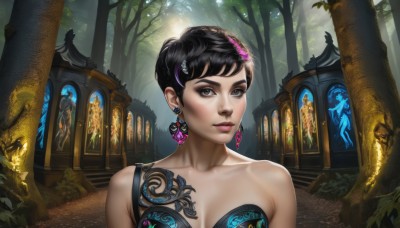 1girl,solo,breasts,looking at viewer,short hair,black hair,hair ornament,cleavage,bare shoulders,jewelry,medium breasts,closed mouth,collarbone,upper body,multicolored hair,earrings,outdoors,black eyes,tree,lips,grey eyes,eyelashes,tattoo,makeup,lipstick,nature,eyeshadow,forest,stairs,realistic,nose,fantasy,eyeliner,statue,mascara,blue eyes,underwear,day,artist name,bra,bird,leaf,sunlight