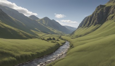 outdoors,sky,day,cloud,signature,water,blue sky,no humans,cloudy sky,grass,nature,scenery,rock,mountain,field,river,landscape,mountainous horizon,hill,skull,road