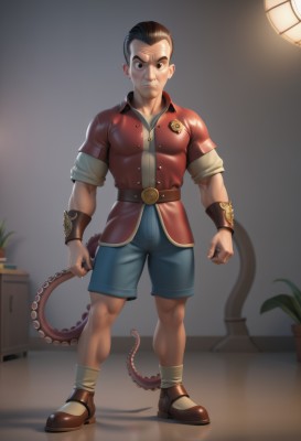 solo,looking at viewer,short hair,brown hair,shirt,black hair,1boy,brown eyes,closed mouth,standing,tail,full body,short sleeves,male focus,multicolored hair,shoes,shorts,belt,artist name,indoors,black eyes,muscular,plant,red shirt,tentacles,clenched hands,blue shorts,realistic,potted plant,lamp,bracer,smile,brown footwear,thick eyebrows,wristband,light