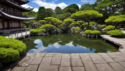 outdoors,sky,day,cloud,water,tree,blue sky,no humans,cloudy sky,grass,building,nature,scenery,forest,reflection,rock,road,bush,architecture,bridge,east asian architecture,river,shrine,path,pond,stone lantern,real world location,reflective water