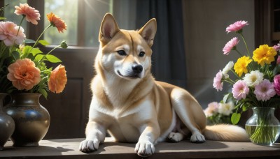 HQ,looking at viewer,flower,day,indoors,blurry,black eyes,no humans,window,animal,table,sunlight,plant,curtains,pink flower,dog,light rays,realistic,yellow flower,potted plant,animal focus,vase,orange flower,flower pot,signature,shiba inu