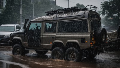 weapon,outdoors,multiple boys,sky,cloud,tree,gun,military,no humans,ground vehicle,motor vehicle,rain,car,road,vehicle focus,police,lamppost,grey sky,wheel,truck,wet,scenery,realistic