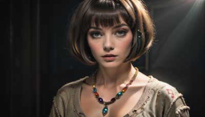 1girl,solo,looking at viewer,short hair,bangs,brown hair,jewelry,collarbone,upper body,earrings,parted lips,blunt bangs,necklace,lips,grey eyes,eyelashes,makeup,sunlight,bob cut,lipstick,portrait,light rays,realistic,nose,red lips,blush,blue eyes,simple background,black hair,brown eyes,black background,gem