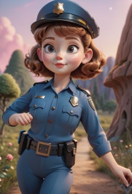 1girl,solo,breasts,looking at viewer,smile,short hair,brown hair,shirt,hat,holding,brown eyes,closed mouth,flower,cowboy shot,outdoors,parted lips,sky,belt,pants,blurry,uniform,tree,blurry background,thigh gap,blue shirt,blue headwear,freckles,walking,curly hair,pocket,pouch,blue pants,breast pocket,badge,belt pouch,police,police uniform,policewoman,police hat,lips