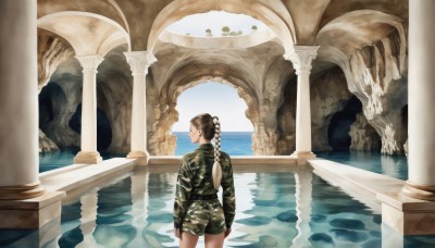 1girl,solo,long hair,brown hair,long sleeves,standing,jacket,ponytail,ass,braid,shorts,day,water,from behind,uniform,military,military uniform,ocean,scenery,reflection,camouflage,pillar,statue,column,bangs,shirt,black hair,jewelry,cowboy shot,earrings,outdoors,black shirt,profile,wading,bridge,arch