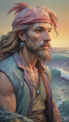 solo,long hair,looking at viewer,blue eyes,brown hair,shirt,1boy,jewelry,closed mouth,collarbone,upper body,grey hair,male focus,earrings,outdoors,open clothes,sleeveless,belt,water,necklace,vest,lips,wet,headband,facial hair,ocean,beach,beard,partially submerged,sunset,realistic,nose,bandana,mustache,manly,old,old man,open vest,pirate,sky,sleeveless shirt,blue shirt,pendant,brown belt,chest hair,waves