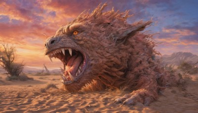 open mouth,outdoors,sky,teeth,tongue,cloud,tree,orange eyes,no humans,fangs,cloudy sky,grass,sharp teeth,nature,scenery,sunset,monster,mountain,fantasy,dragon,scales,water,ocean,sand,orange sky