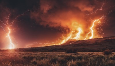 solo,outdoors,sky,cloud,no humans,cloudy sky,grass,scenery,electricity,field,lightning,red sky,nature,sunset,landscape