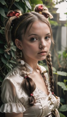 1girl,solo,long hair,breasts,looking at viewer,brown hair,hair ornament,dress,ribbon,twintails,brown eyes,jewelry,closed mouth,hair ribbon,upper body,braid,short sleeves,earrings,small breasts,outdoors,frills,puffy sleeves,white dress,blurry,black eyes,twin braids,puffy short sleeves,lips,grey eyes,blurry background,leaf,nature,freckles,realistic,bangs,shirt,collarbone,white shirt,parted lips,day,depth of field,sunlight,plant,frilled sleeves,blouse,hair over shoulder,forehead,nose,stud earrings