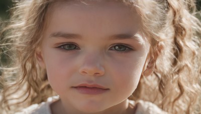 1girl,solo,long hair,looking at viewer,blonde hair,closed mouth,green eyes,mole,blurry,lips,grey eyes,eyelashes,depth of field,wavy hair,portrait,close-up,freckles,curly hair,realistic,nose,mole on cheek,blurry background