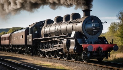 outdoors,sky,day,cloud,tree,military,no humans,grass,ground vehicle,nature,motor vehicle,forest,smoke,cannon,military vehicle,tank,vehicle focus,train,caterpillar tracks,world war ii,railroad tracks,truck,weapon,blue sky,damaged,machine gun