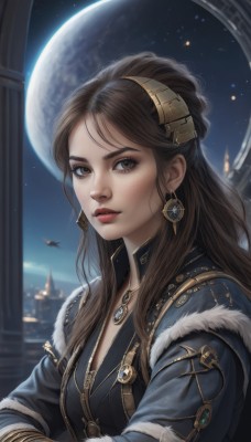 1girl,solo,long hair,breasts,looking at viewer,brown hair,hair ornament,long sleeves,cleavage,brown eyes,jewelry,upper body,earrings,parted lips,sky,necklace,blurry,lips,fur trim,makeup,night,bird,moon,lipstick,star (sky),night sky,full moon,pendant,starry sky,freckles,nose,red lips,gloves,eyelashes,blurry background,realistic,leather