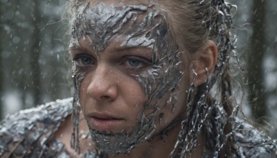 1girl,solo,long hair,looking at viewer,blue eyes,blonde hair,closed mouth,outdoors,water,armor,blurry,lips,grey eyes,depth of field,blurry background,portrait,snow,close-up,snowing,realistic,nose,expressionless,freckles