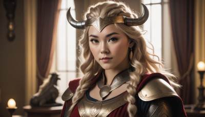 1girl,solo,long hair,looking at viewer,smile,blonde hair,brown eyes,jewelry,closed mouth,upper body,braid,earrings,horns,indoors,armor,blurry,twin braids,lips,grey eyes,window,depth of field,blurry background,tiara,crown,curtains,shoulder armor,portrait,pauldrons,realistic,nose,candle,fake horns,cape,backlighting