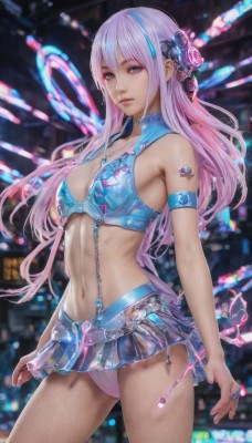 1girl,solo,long hair,breasts,looking at viewer,bangs,blue eyes,skirt,hair ornament,navel,cleavage,bare shoulders,medium breasts,closed mouth,underwear,standing,panties,pink hair,purple hair,multicolored hair,cowboy shot,pleated skirt,sleeveless,midriff,miniskirt,blurry,two-tone hair,lips,streaked hair,crop top,blurry background,ring,pink panties,armlet,realistic,microskirt,jewelry,blue hair,swimsuit,bikini,parted lips,shiny,signature,stomach,blue skirt,see-through,tattoo,headgear,watermark,armband,web address,zipper,science fiction,neon lights