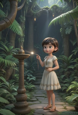 1girl,solo,short hair,brown hair,dress,holding,brown eyes,jewelry,standing,full body,short sleeves,hairband,outdoors,white dress,tree,leaf,sandals,plant,child,nature,forest,female child,smile,black hair,parted lips,black eyes,lips,toes,brown footwear,sunlight,fireworks,sparkler