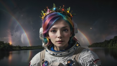 1girl,solo,looking at viewer,short hair,blue eyes,closed mouth,blue hair,upper body,pink hair,red hair,multicolored hair,outdoors,sky,artist name,cloud,water,star (symbol),black eyes,two-tone hair,tree,lips,makeup,night,watermark,crown,star (sky),web address,starry sky,freckles,reflection,realistic,nose,space,rainbow,spacesuit,rainbow hair,space helmet,astronaut,blush,purple hair,green hair,scenery,lake