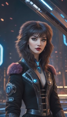 1girl,solo,long hair,breasts,looking at viewer,bangs,brown hair,black hair,long sleeves,cleavage,brown eyes,jewelry,medium breasts,jacket,upper body,earrings,open clothes,belt,necklace,blurry,black eyes,lips,coat,fur trim,makeup,blurry background,lipstick,science fiction,realistic,nose,red lips,cyberpunk,underwear,small breasts,parted lips,artist name,hood,bra,black jacket,eyelashes,black bra,backlighting,eyeliner