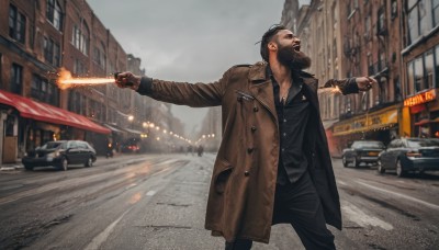 solo,short hair,shirt,black hair,long sleeves,1boy,holding,standing,jacket,weapon,male focus,outdoors,open clothes,pants,holding weapon,coat,gun,black shirt,buttons,facial hair,black pants,sunglasses,ground vehicle,building,holding gun,motor vehicle,beard,handgun,brown jacket,city,realistic,mustache,car,road,brown coat,street,firing,trench coat,open mouth,sky,solo focus,day,night,umbrella,parody,outstretched arms,fire,pointing,meme,lamppost,energy sword,grey sky