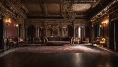 indoors,no humans,window,chair,table,sunlight,scenery,couch,wooden floor,stairs,door,light,lamp,candle,carpet,candlestand,rug,chandelier,fireplace,blood,pillar,painting (object)