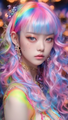 1girl,solo,long hair,breasts,looking at viewer,bangs,blue eyes,hair ornament,bare shoulders,jewelry,closed mouth,blue hair,upper body,pink hair,multicolored hair,hairband,earrings,choker,artist name,blunt bangs,necklace,mole,blurry,from side,two-tone hair,lips,grey eyes,eyelashes,mole under eye,gradient hair,makeup,depth of field,blurry background,wavy hair,piercing,ear piercing,portrait,eyeshadow,freckles,pink lips,realistic,nose,colorful,mascara,streaked hair,watermark,expressionless,bokeh,rainbow hair