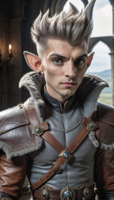 solo,looking at viewer,short hair,blue eyes,1boy,jewelry,closed mouth,upper body,white hair,grey hair,male focus,earrings,pointy ears,belt,artist name,indoors,signature,armor,blurry,lips,grey eyes,fur trim,blurry background,facial hair,spiked hair,elf,realistic,nose,candle,leather,necklace,window