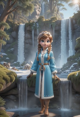 1girl,solo,long hair,breasts,looking at viewer,smile,bangs,blue eyes,brown hair,gloves,long sleeves,dress,jewelry,standing,full body,braid,boots,outdoors,parted lips,solo focus,day,artist name,water,necklace,twin braids,tree,lips,coat,fur trim,blue dress,swept bangs,watermark,brown footwear,sunlight,tiara,nature,scenery,hair over shoulder,brown gloves,forest,backlighting,rock,mushroom,waterfall,stream,freckles