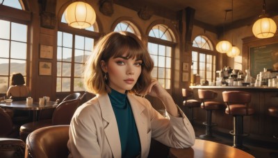 1girl,solo,looking at viewer,short hair,bangs,blue eyes,multiple girls,brown hair,shirt,long sleeves,brown eyes,jewelry,sitting,closed mouth,jacket,upper body,earrings,open clothes,solo focus,day,indoors,hand up,medium hair,sweater,cup,lips,coat,window,turtleneck,chair,table,sunlight,blue shirt,scenery,hand in own hair,realistic,nose,labcoat,lamp,chess piece,restaurant,picture (object),cafe,artist name,signature,nail polish,mole,blurry,fingernails,eyelashes,makeup,thick eyebrows,bottle,lipstick,eyeshadow,drinking glass,open coat,pink lips,turtleneck sweater,white coat,red lips,eyeliner,mascara,ceiling light