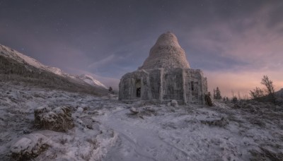 outdoors,sky,cloud,tree,no humans,night,grass,star (sky),nature,night sky,scenery,snow,forest,starry sky,rock,mountain,ruins,winter,bare tree,landscape,signature,sunset,gradient sky,cliff