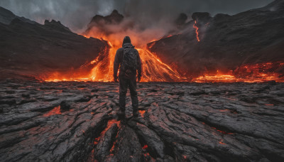 solo, 1boy, standing, male focus, outdoors, armor, dutch angle, helmet, fire, scenery, mountain, lightning, molten rock