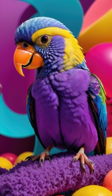 solo,looking at viewer,closed mouth,standing,full body,wings,blurry,black eyes,pokemon (creature),no humans,blurry background,bird,animal,feathers,realistic,animal focus,colorful,talons,beak,flower,artist name,watermark,purple background,blue feathers