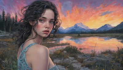 1girl,solo,long hair,breasts,looking at viewer,blue eyes,black hair,bare shoulders,upper body,outdoors,parted lips,sky,looking back,cloud,water,tree,lips,wavy hair,grass,nature,scenery,forest,reflection,curly hair,sunset,mountain,realistic,red lips,river,lake,dress,green eyes,cloudy sky