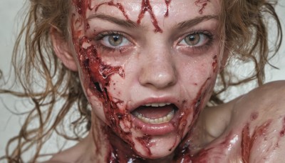 1girl,solo,looking at viewer,short hair,open mouth,blonde hair,simple background,brown hair,brown eyes,teeth,lips,blood,messy hair,portrait,close-up,injury,blood on face,realistic,tongue,blurry,eyelashes,freckles,veins,blood splatter,guro