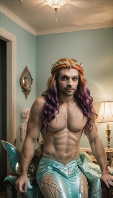 solo,long hair,looking at viewer,brown hair,1boy,navel,brown eyes,sitting,closed mouth,nipples,purple hair,male focus,multicolored hair,cowboy shot,pants,artist name,indoors,stomach,lips,gradient hair,muscular,facial hair,chair,piercing,abs,crown,pectorals,muscular male,bara,beard,topless male,mirror,mature male,realistic,lamp,navel piercing,chest hair,navel hair,leg hair,arm hair,hairy,smile,orange hair