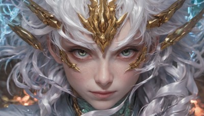 1girl,solo,long hair,looking at viewer,1boy,closed mouth,green eyes,white hair,male focus,armor,lips,eyelashes,floating hair,portrait,close-up,freckles,circlet,realistic,bangs,headgear,serious,headpiece,nose