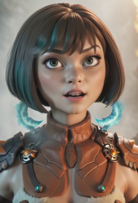 1girl,solo,breasts,short hair,open mouth,bangs,brown hair,brown eyes,upper body,multicolored hair,parted lips,teeth,artist name,armor,blurry,lips,eyelashes,makeup,watermark,bob cut,looking up,sharp teeth,portrait,close-up,eyeshadow,freckles,realistic,nose,looking at viewer,black hair,green eyes,fur trim,fangs,gorget