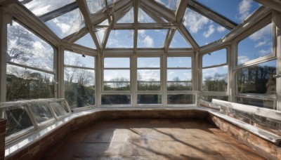 outdoors,sky,day,cloud,indoors,tree,blue sky,no humans,window,cloudy sky,plant,scenery,snow,reflection,wooden floor,glass,winter,bare tree,broken glass,broken window