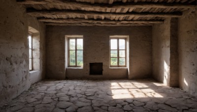 outdoors,day,indoors,tree,no humans,window,shadow,sunlight,scenery,door,wall,pillar,brick wall,hallway,stone wall