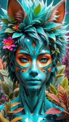 solo,looking at viewer,short hair,blue eyes,hair ornament,1boy,animal ears,closed mouth,blue hair,collarbone,flower,male focus,artist name,cat ears,hair flower,blurry,aqua eyes,lips,fox ears,eyelashes,blood,colored skin,leaf,facial mark,plant,portrait,blue skin,facepaint,bodypaint,green eyes,green hair,watermark,spiked hair,web address