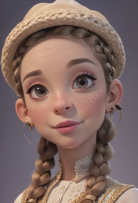 1girl,solo,long hair,looking at viewer,smile,simple background,brown hair,hat,brown eyes,jewelry,closed mouth,braid,earrings,grey background,necklace,twin braids,lips,eyelashes,thick eyebrows,portrait,hair over shoulder,forehead,freckles,purple background,realistic,nose,brown headwear,multiple braids,makeup,fruit