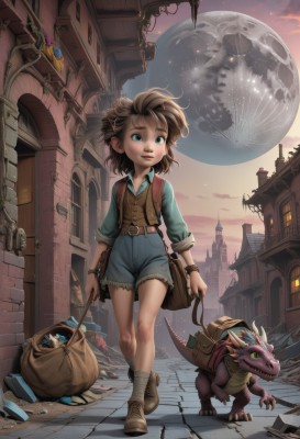 1girl,solo,smile,short hair,blue eyes,brown hair,shirt,holding,jewelry,standing,boots,outdoors,sky,shoes,shorts,pointy ears,socks,collared shirt,belt,cloud,signature,bag,vest,bracelet,bandages,brown footwear,moon,backpack,building,child,star (sky),full moon,sleeves rolled up,walking,blue shorts,monster,running,watch,city,fantasy,dragon,road,sack,dirty,street,pavement,full body,lips,window,night,denim,denim shorts