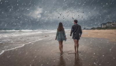 1girl, long hair, short hair, brown hair, black hair, long sleeves, 1boy, dress, holding, jacket, outdoors, sky, barefoot, cloud, water, from behind, white dress, dutch angle, bare legs, ocean, umbrella, beach, snow, walking, rain, snowing, sand, waves, footprints