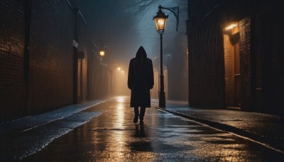 1girl,solo,standing,outdoors,sky,hood,from behind,tree,coat,night,building,scenery,1other,hood up,reflection,walking,rain,black coat,city,light,road,dark,lamppost,street,ambiguous gender,puddle,long hair,1boy,boots,bag,black footwear,shadow,wide shot,bare tree,pavement,sidewalk