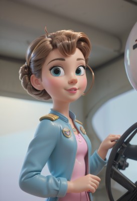 1girl,solo,breasts,looking at viewer,smile,short hair,blue eyes,brown hair,long sleeves,jacket,upper body,small breasts,open clothes,indoors,hair bun,blurry,uniform,lips,single hair bun,blue jacket,pink dress,dress,jewelry,parted lips,teeth,artist name,necklace,open jacket,eyelashes,thick eyebrows,nose,badge