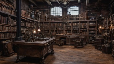 day,indoors,book,no humans,window,chair,table,sunlight,scenery,desk,lantern,wooden floor,stairs,clock,bookshelf,lamp,candle,shelf,book stack,library,ladder,candlestand,chandelier,globe,cabinet,loaded interior