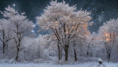 outdoors,sky,tree,no humans,night,grass,star (sky),nature,night sky,scenery,snow,forest,starry sky,snowing,winter,lamppost,bare tree,1girl,solo,long hair,white hair