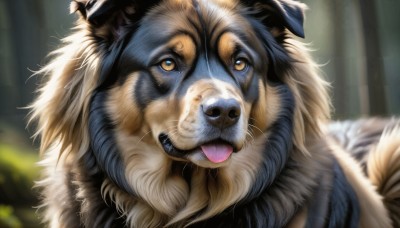 HQ,solo,yellow eyes,tongue,tongue out,blurry,no humans,blurry background,animal,portrait,nature,close-up,forest,realistic,animal focus,whiskers,looking at viewer,brown eyes,outdoors,signature,depth of field,dog