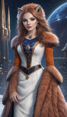 1girl,solo,long hair,breasts,looking at viewer,brown hair,long sleeves,dress,animal ears,brown eyes,jewelry,medium breasts,earrings,sky,artist name,hood,necklace,white dress,lips,fur trim,makeup,night,watermark,gem,star (sky),hood up,starry sky,red lips,space,lion ears,planet,fur,earth (planet),standing,nail polish,moon,lipstick,black nails,realistic