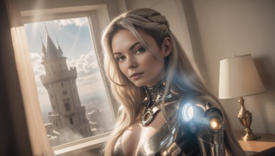 1girl,solo,long hair,breasts,looking at viewer,blonde hair,large breasts,brown hair,cleavage,brown eyes,medium breasts,closed mouth,upper body,sky,day,cloud,indoors,lips,window,sunlight,curtains,building,science fiction,realistic,nose,lamp,blue eyes,artist name,cloudy sky