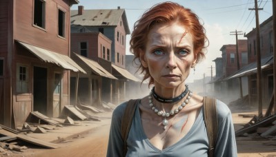 HQ,1girl,solo,breasts,looking at viewer,short hair,blue eyes,brown hair,shirt,cleavage,jewelry,medium breasts,collarbone,upper body,earrings,outdoors,sky,choker,day,necklace,bag,collar,lips,blood,scar,piercing,backpack,blue shirt,building,scar on face,freckles,beads,injury,realistic,road,ruins,house,power lines,utility pole,pearl necklace,cuts,window,portrait,dirty,bruise